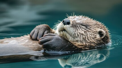 A playful otter floats serenely on calm water with gentle ripples