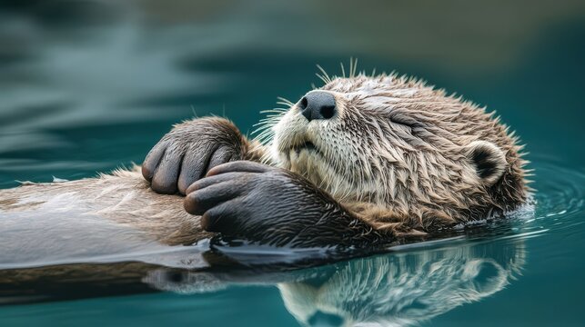 A playful otter floats serenely on calm water with gentle ripples