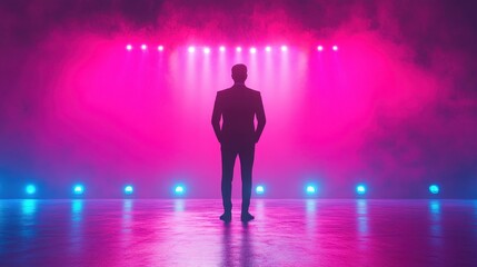 A man in a suit stands on a stage lit with pink and blue lights and smoke. Good for presenting business plans, speeches, or achieving success.