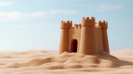 Ancient Ruins of a Sandcastle in a Desert Landscape with Partially Crumbled Structure Beneath a Blue Sky