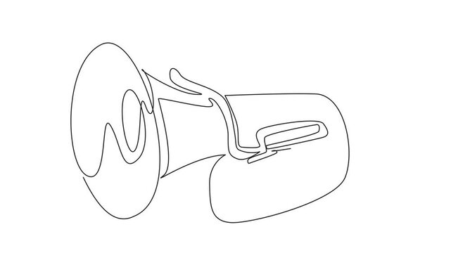 Self drawing animation of single one line drawing tuba. A wind instrument made of metal. The tones differ due to the length and shape of pipe. Entertainment. National Tuba Day. Full length animated