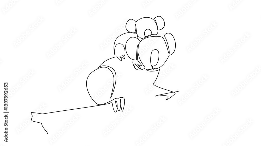 Aufkleber animated self drawing of single continuous line drawing koala walking on a tree branch while carryin