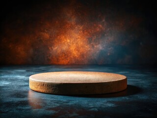 Elegant product showcased on a circular stone platform; dark, moody, minimalist studio shot.