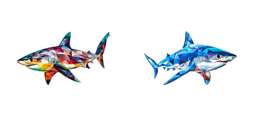 Vibrant low-poly sharks in colorful abstract geometric design, cut out - stock png