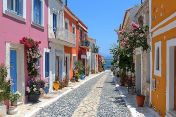 Fototapeta premium Colorful buildings line cobblestone street overlooking sea.