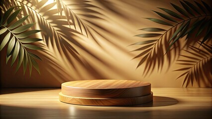 Obraz premium Elegant wooden podium showcases product, bathed in soft night light, leaf shadows dance on a beige backdrop.