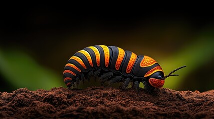 Vibrant insect on soil.  Detailed close-up of a colorful isopod