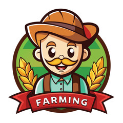 Cartoon Farmer With Wheat Ears, Red Ribbon and Brown Hat Happy Caucasian Man