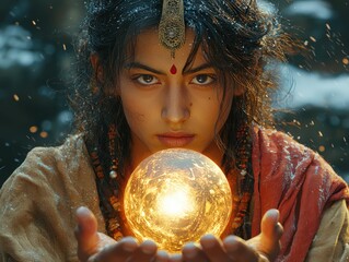 Naklejka premium Woman holds glowing sphere power magic snow