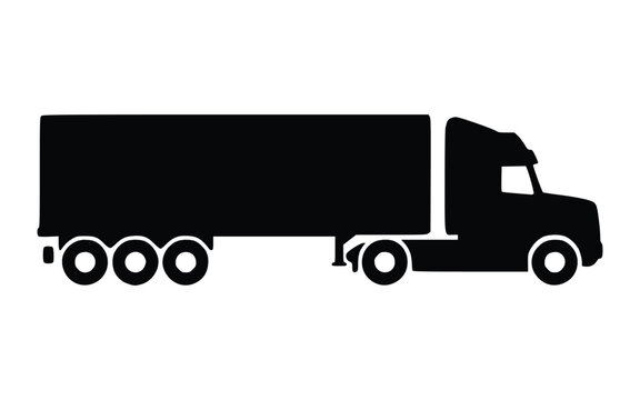 black silhouette icon of a truck tractor with a semitrailer, displayed in a side view. It’s a simple vector graphic illustration, completely isolated on a white backdrop.