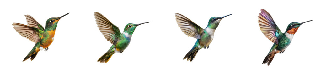 Captivating flight of colorful hummingbirds in mid-air, cut out - stock png