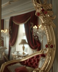 Ornate Gold-Framed Mirror in a Luxurious Red Interior