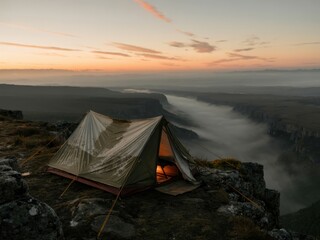 Vintage canvas tent positioned at cliff edge during sunrise with fog covering valley below