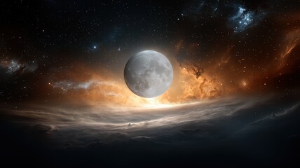 Obraz premium Celestial scene with full moon and stars in a vibrant cosmic background of orange and blue hues.