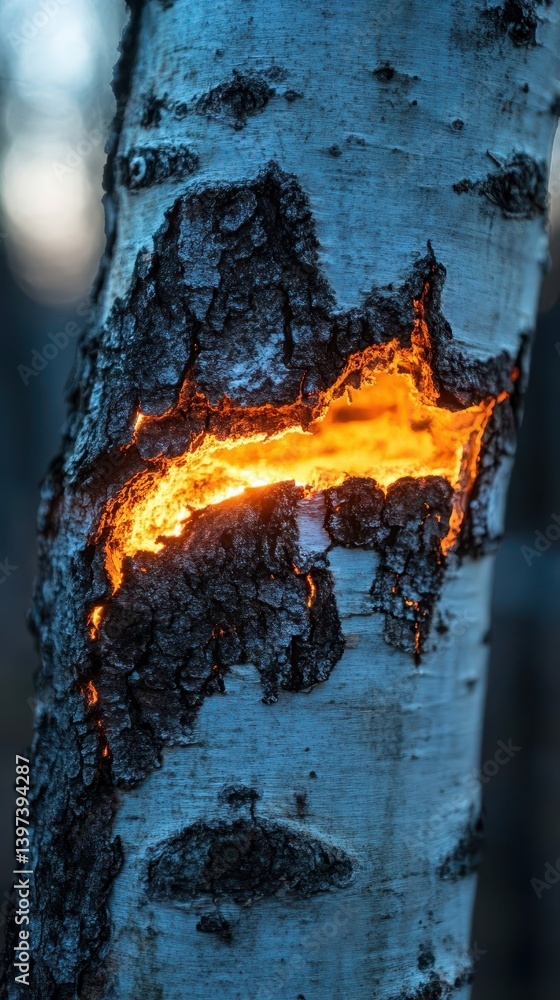 Poster a tree trunk with glowing fissures showing an inner light