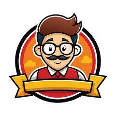Cartoon Man Character with Glasses and Moustache in Badge with Decorative Banner