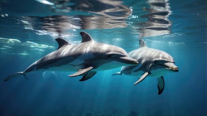 Naklejka premium Two dolphins swimming in clear blue ocean water with sunlight streaming through the surface