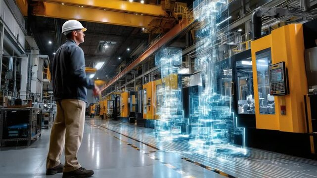 Modern Factory Supervisor with digital technology: A skilled supervisor, clad in a hardhat, gazes intently at a mesmerizing augmented reality projection in a bustling modern factory.