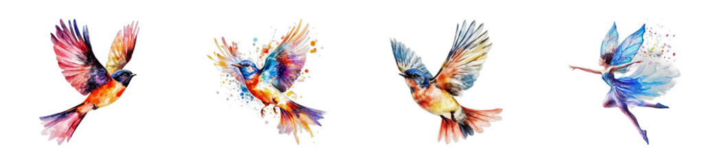 Colorful birds and enchanting fairy with splashes of vivid paint, cut out - stock png