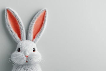 Obraz premium Cute white bunny with red ears looking forward on clean grey background, adorable rabbit character with fluffy fur
