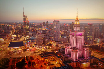 Fototapeta premium Palace of Science and Culture, Warsaw city center at night