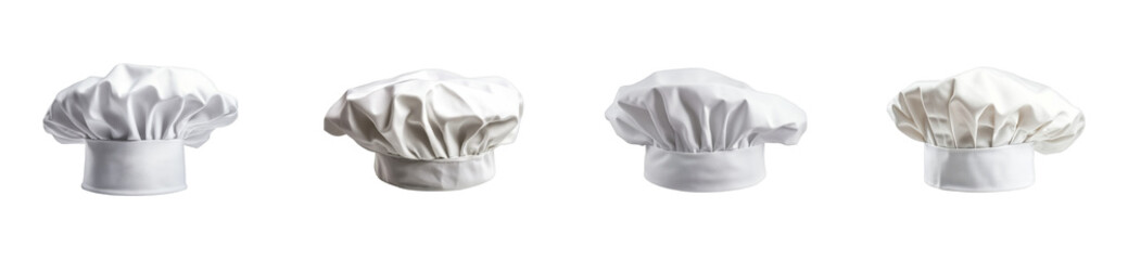Four classic white chef hats display with various pleats and styles, cut out - stock png