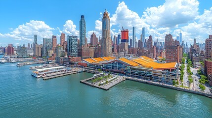 Naklejka premium Aerial view of a city's waterfront with modern buildings, docks, and a marketplace under a sunny sky.