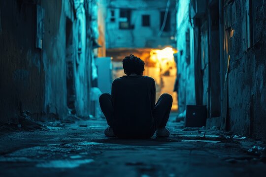 Rear view of a man sitting in a dark, narrow city alleyway at night. Can be used to illustrate loneliness, depression, or urban isolation.