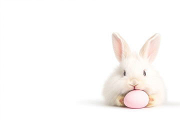 Obraz premium Fluffy white baby bunny holding soft pink Easter egg on clean white background, minimal spring holiday theme