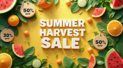 Brightly colored fruits surround large text promoting a summer harvest sale, featuring discounts of 30 and 50. The vibrant display creates an inviting atmosphere for shoppers