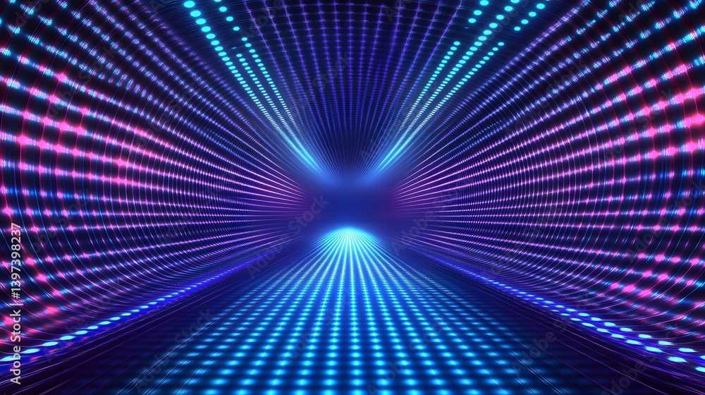 Poster futuristic tunnel composed of colorful neon lines and dots