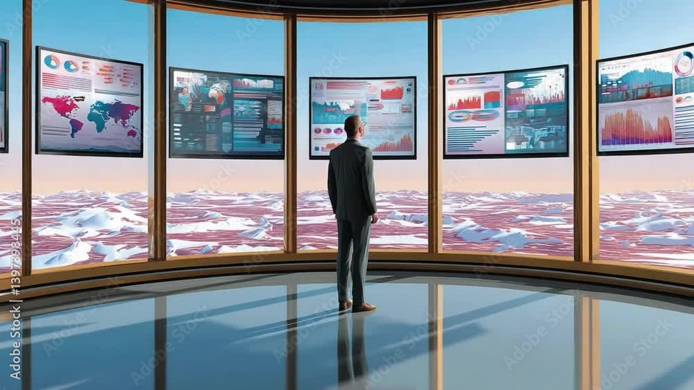 Poster business visionary: a sharp-dressed business individual contemplates the intricate visualizations di