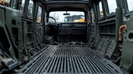 Fototapeta premium Abandoned Vehicle Interior with Metal Structure and Deterioration in a Junkyard Setting, Unused Space
