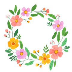 Wreath of delicate spring flowers on white background. Cute yellow and pink flowers, green leaves. Spring, easter, 8 march. 