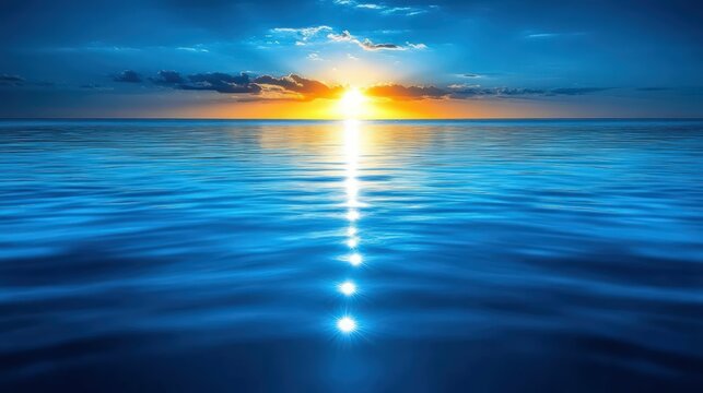 Blue ocean reflects a brilliant setting sun.