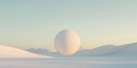 Floating sphere over snowy pastel landscape
