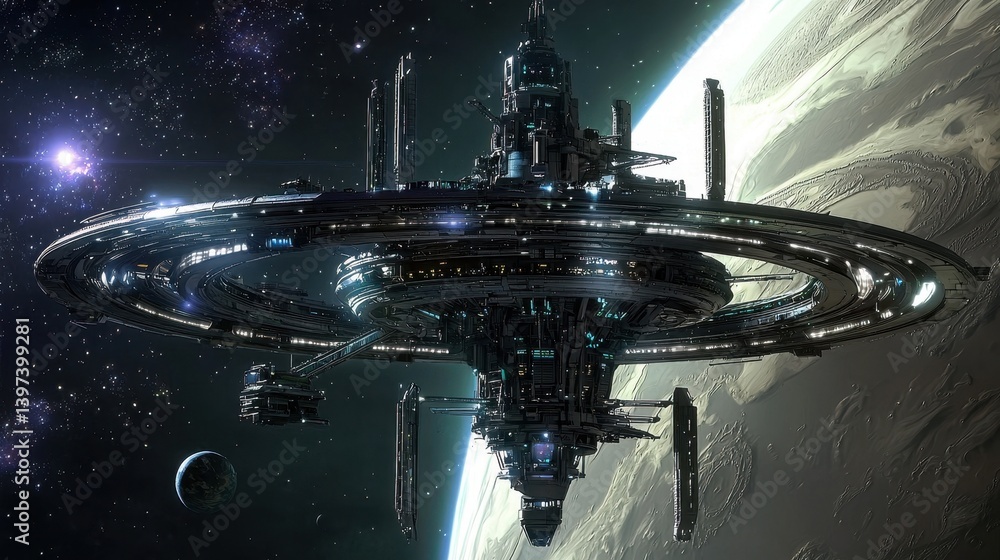 Wall mural futuristic space station orbiting planet in deep space with galaxy