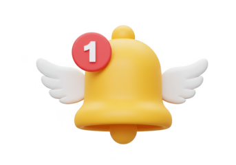 Yellow notification bell with wings and a red circle with number one isolated on transparent background