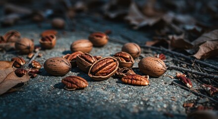 Obraz premium Pecan Nuts Gathering on Concrete Ground with Leaves in Autumn