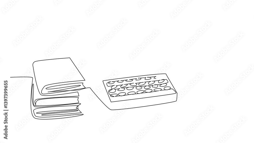 Poster animation of single continuous line drawing a typewriter with paper and a mug and a pile of books. b