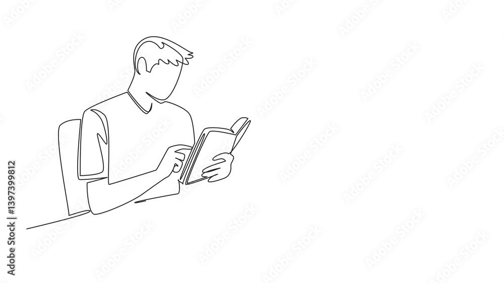 Poster animation of single one line drawing man sitting holding a book and there is a typewriter with paper