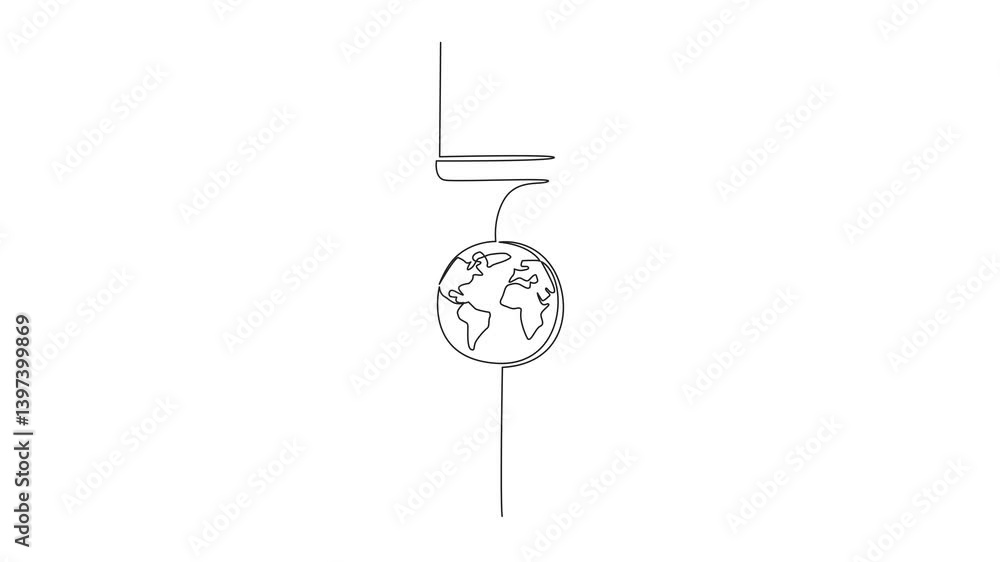 Poster animated self drawing of single continuous line drawing tip of the pen has a globe in the middle. me