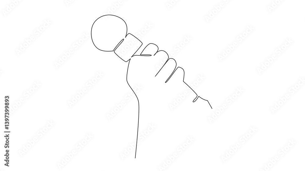 Poster animation of continuous one line drawing hand holding a microphone with a pen underneath. symbolizat