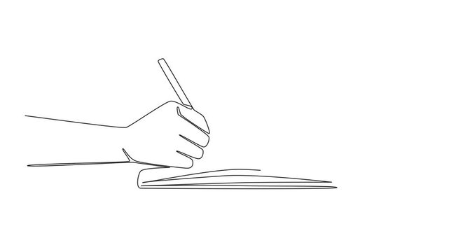 Self drawing animation of continuous one line drawing hand writing using a pen on a thick book. Making prose. Romantic poems. Writing life stories. Signature. Wordsmith Day. Full length animated
