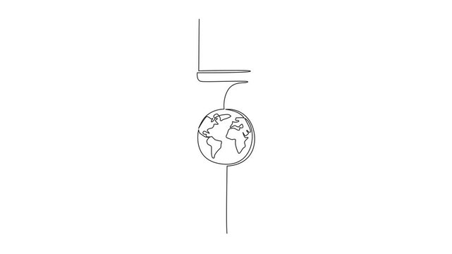 Animated self drawing of single continuous line drawing tip of the pen has a globe in the middle. Metaphor. Writing news to be known all over the world. World Press Freedom Day. Full length animation