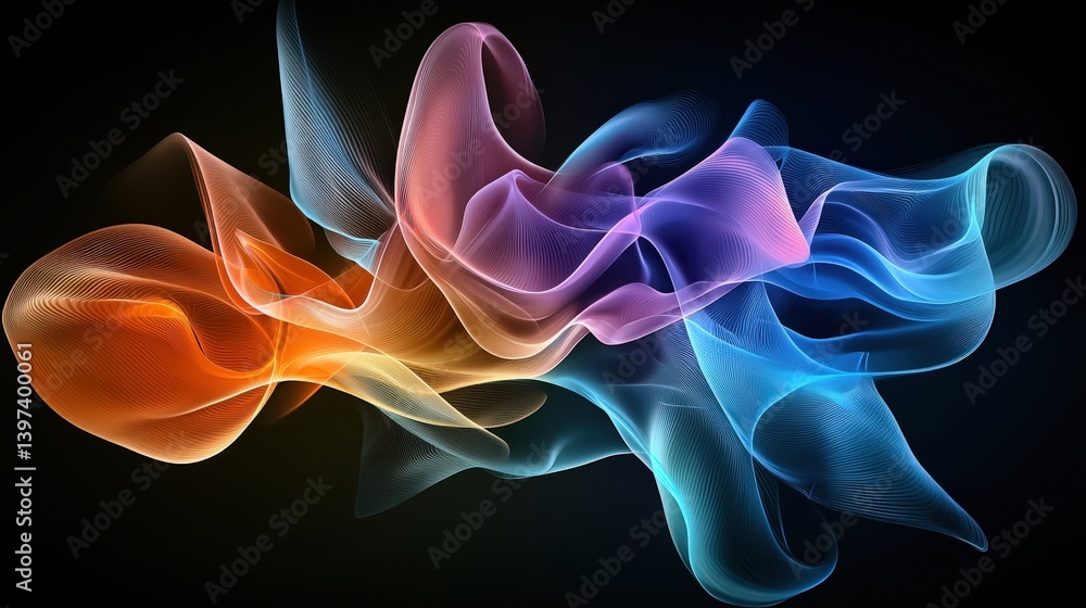 Poster a vibrant, abstract composition of flowing lines and waves in various colors, creating a dynamic vis