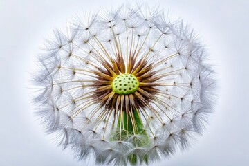 High-resolution aerial macro shot: a dandelion seed head's fluffy dispersal, detailed botanical spring beauty.