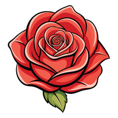 Cartoon Red Rose Blossom with Dark Outline and Green Leaves on White Background