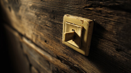 Close-up of aged, off-white light switch on dark brown wood, showcasing texture and rustic appeal, symbolizing simplicity, functionality and timelessness