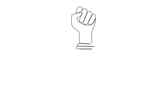 Animated self drawing of single continuous line drawing a hand that is clenched into fist, bottom like pen. Struggle to convey news through writing. World Press Freedom Day. Full length animation